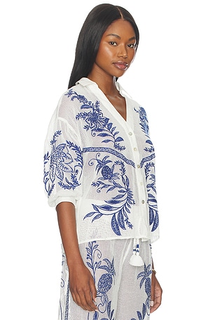 FARM Rio Blouse Top in White,Blue