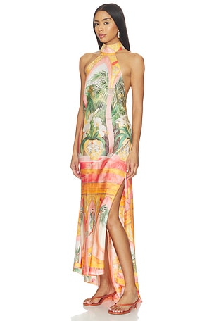 Falguni Shane Peacock Sunset Haven Open Back Low Halter Dress in Pink,Orange
