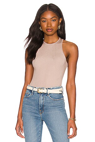 Good American Angled Rib High Neck Bodysuit in Mink001 | REVOLVE