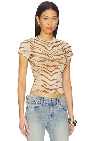 Good American Mesh Baby Tee Shirt in Tan
