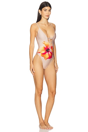 Good American Satin Deep Dive One Piece Swimsuit in Nude