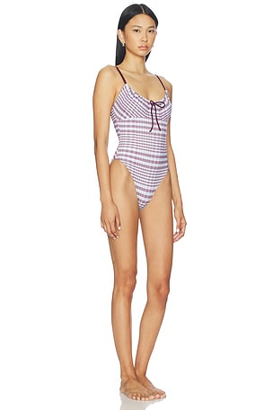 Good American Plaid Drawstring One Piece Swimsuit in Baby Blue