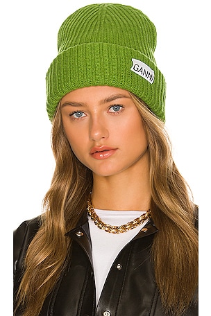 Ganni Knit Beanie in Flash Green | REVOLVE