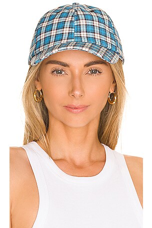 Ganni Cotton Canvas Cap in Check Azure Blue | REVOLVE display picture 1