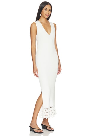 Ganni Fine Cotton Rib Crochet V-neck Dress in White