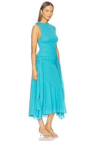 Ganni Marl Mesh Draped Knot Detailing Long Dress in Blue