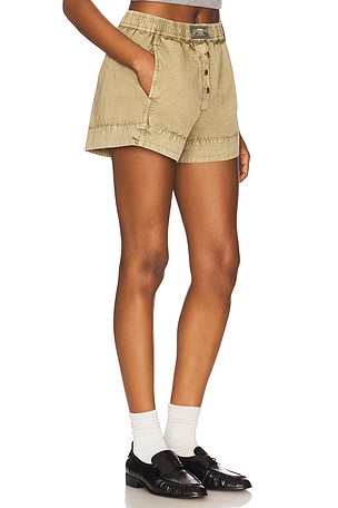 Ganni Washed Stretch Cotton Elasticated Shorts in Olive. Size 42. Also