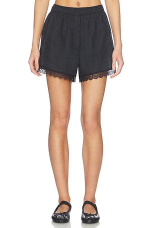 Ganni Light Linen Lace Hem Shorts in Black