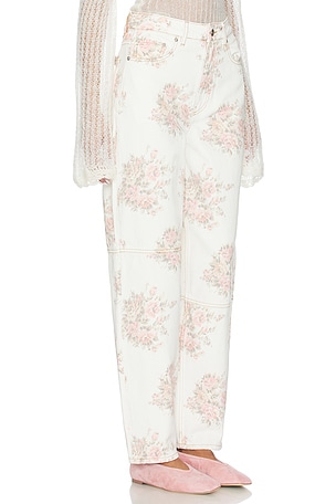 Ganni Print Denim Stary Straight Leg in Cream. Size 30. Also