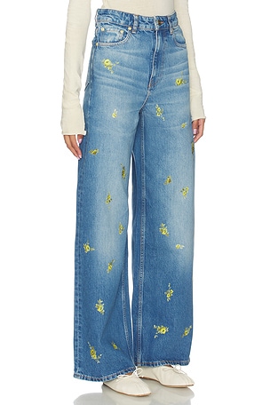 Ganni Printed Flower Denim Lari Jeans in Blue. Size 28. Also