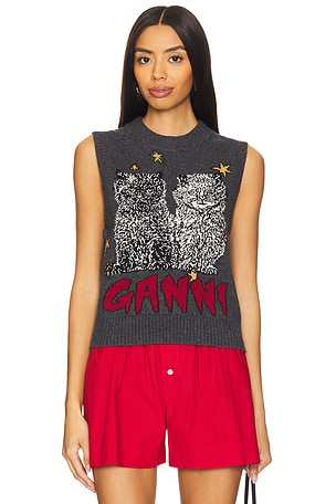 Graphic Wool Mix Cats Vest Ganni