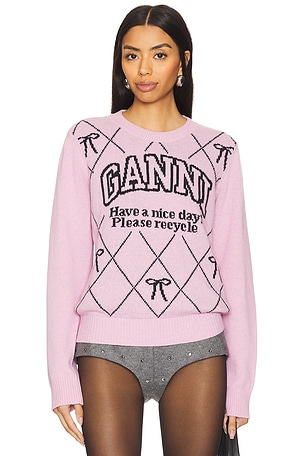 Graphic Wool Mix Bow Crewneck Ganni