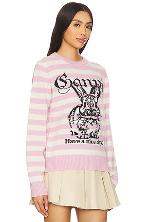 Ganni Striped Bunny Graphic Sweater in Pink,Ivory