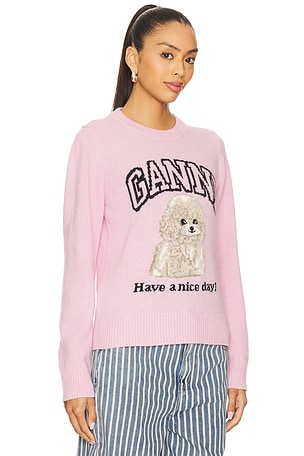 Ganni Graphic Wool Mix Poodle Crewneck in Pink. Size XS. Also