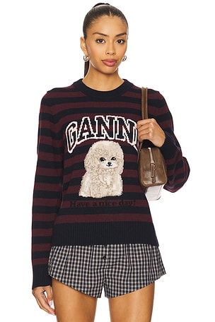 Graphic Wool Mix Poodle Stripe Crewneck Ganni
