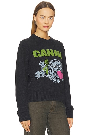 Ganni Graphic Wool Mix Puppy Love Crewneck in Charcoal