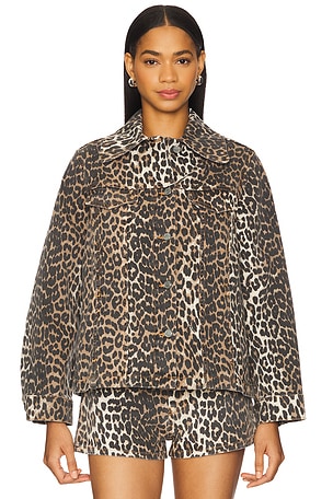 Ganni Print Denim Jacket in Brown