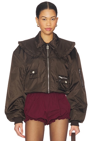 Ganni Duchesse Nylon Bomber Jacket in Brown