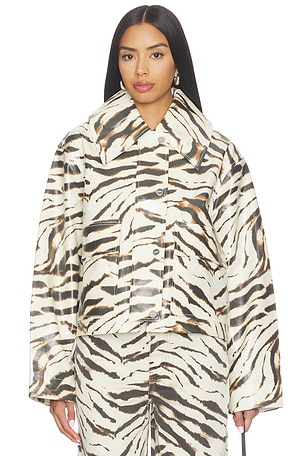 Ganni Printed Laminated Cotton Canvas Barn Jacket in Cream
