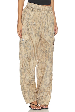 Ganni Printed Flyweight Nylon Relaxed Elastic Pant in Beige