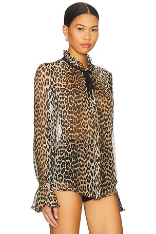 Ganni Printed Viscose Chiffon Tie String Shirt in Brown