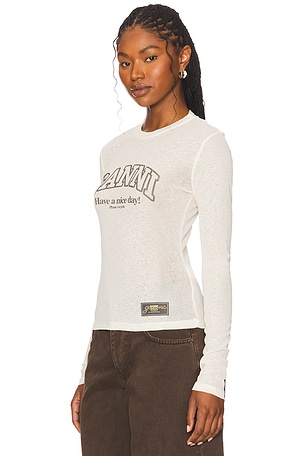 Ganni Printed Marl Mesh Long Sleeve Top in Ivory