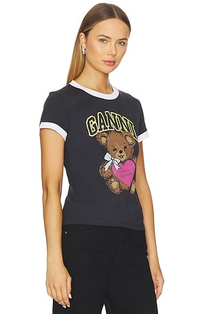 Ganni Basic Cotton Jersey Bear Fitted T-shirt in Charcoal. Size XXS. Also
