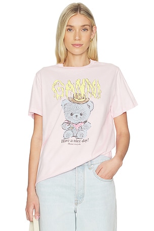 Basic Cotton Jersey T-shirt Cowboy Bear Print Ganni