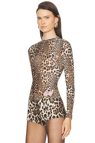 Ganni Printed Marl Mesh Top in Brown