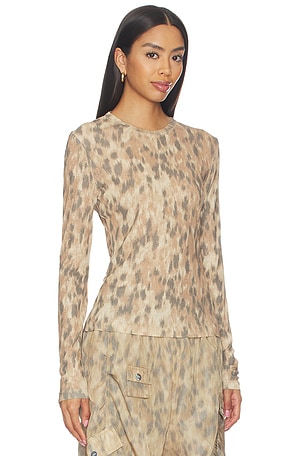 Ganni Prented Marl Mesh Long Sleeve Top en Beige