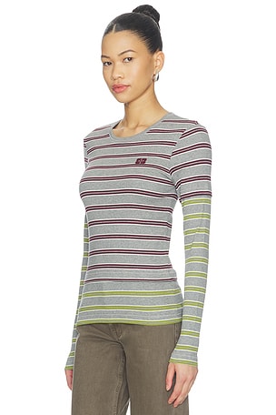 Ganni Soft Cotton Rib Long Sleeve Double Layer Top in Grey