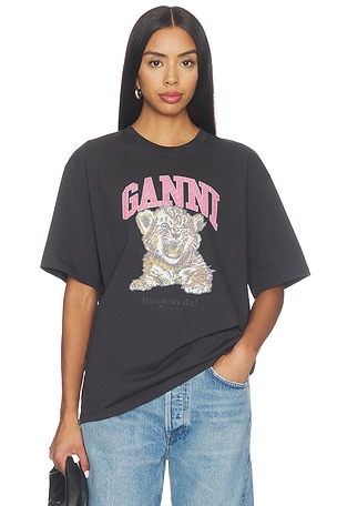 Heavy Cotton Jersey Tiger Caviar Tee Ganni