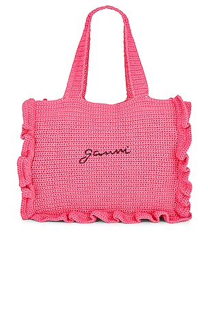 ■Ganni■ Cotton Crochet Frill Tote Bag Shocking Pink A47024 Ganni Cotton Crochet Frill Tote Solid in Shocking Pink | REVOLVE