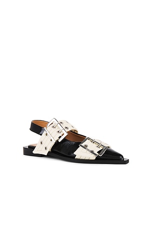 Ganni Feminine Buckle Ballerina Flat in Black,White