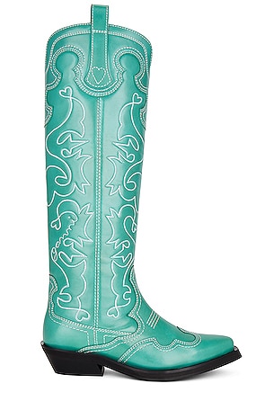 Ganni Knee High Embroidered Western Boot in Bottle Green REVOLVE