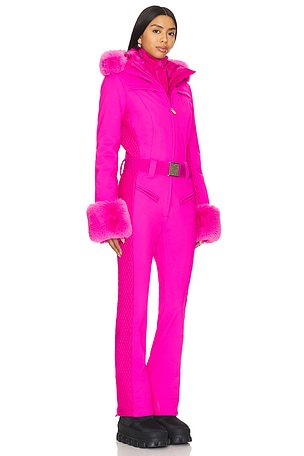 Goldbergh Angele Softshell Ski Suit With Fur Cuffs in Pink