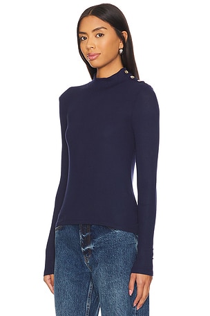 Goldie Button Shoulder Mock Neck Top in Navy