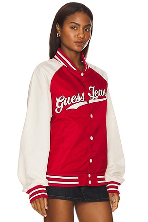 Guess Jeans Raglan Patch Bomber Jacket in Red,Cream