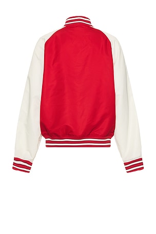 Guess Jeans Raglan Patch Bomber Jacket in Red,Cream