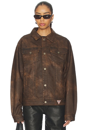 Guess Originals Leather Trucker Jacket in Brown