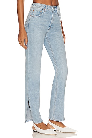 GRLFRND Harlow Petite High Rise Boot With Slit Hem Jeans in Denim-Light