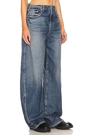 GRLFRND Paola Barrel Leg Jean in Denim-Dark. Size 32. Also