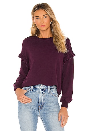 MONROW Supersoft Sweatshirt With Ruffle Insert in Merlot REVOLVE