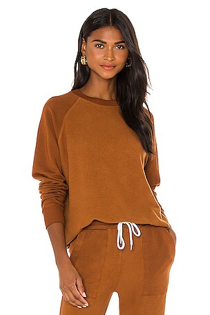 MONROW Reversed Supersoft Raglan Sweatshirt in Caramel | REVOLVE