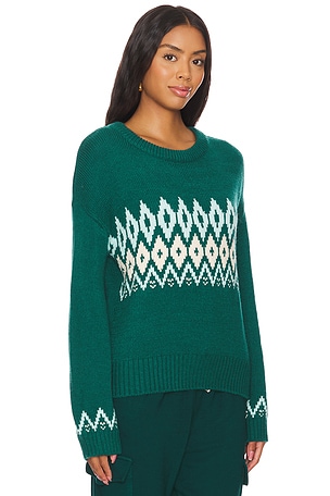 MONROW Wool Fair Isle Crew Neck Sweater in Dark Green