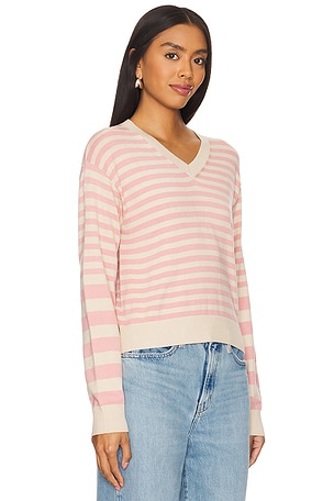 MONROW Light Soft Knit Stripe V Neck Sweater in Pink,Beige