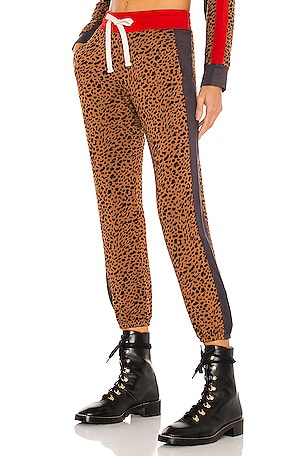 MONROW Supersoft Fleece Print Block Stitched Elastic Sweatpant in Leopard Faded Black REVOLVE