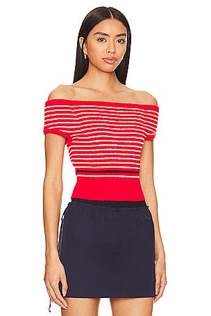 MONROW Boucle Knit Off Shoulder Top in Red