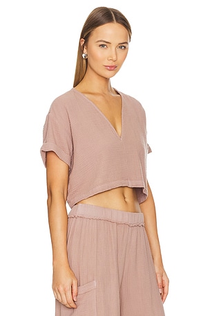 MONROW Gauze V Neck Mini Top in Beige