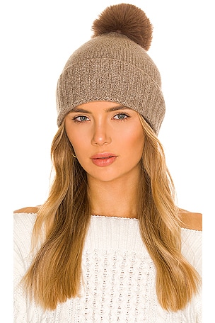 Cashmere Slouchy Cuff Beanie with Faux Fur Pom Hat Attack